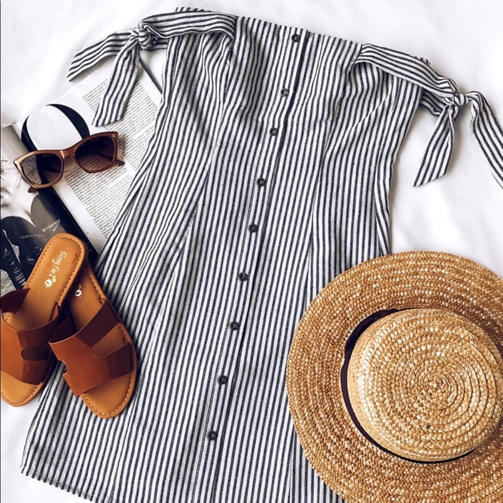 Lulus Blue & White Striped Off-the-Shoulder Dress